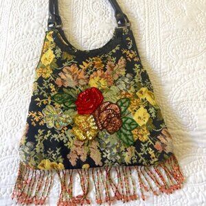 Vintage Prezzo Beaded Fringe Floral Tapestry Boho Shoulder Bag